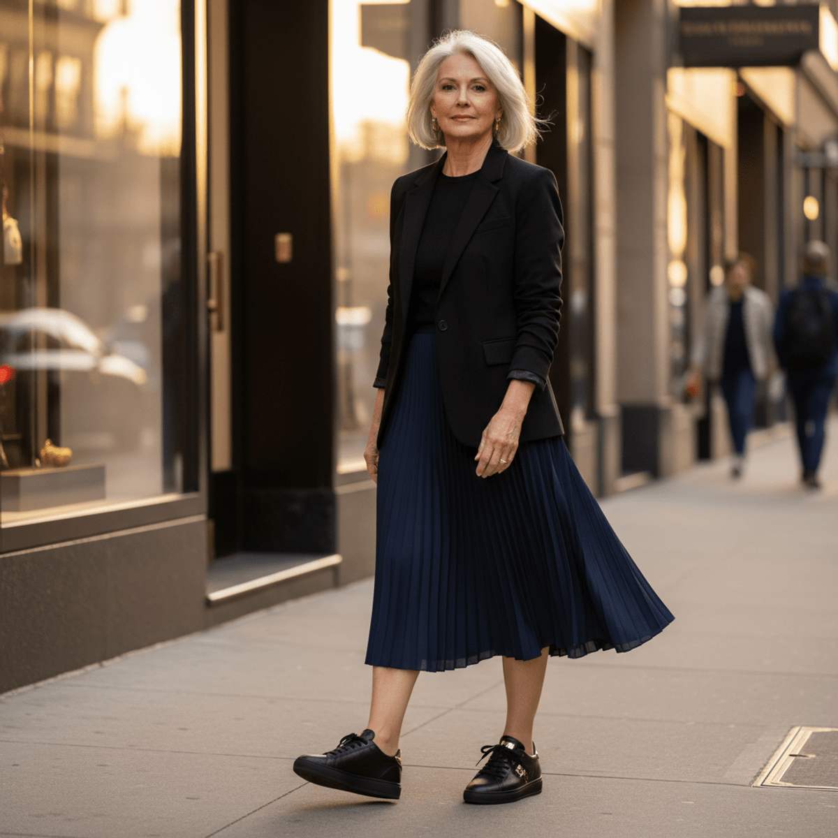 Elegant woman over sixty in navy skirt and black blazer walks city street in sneakers.