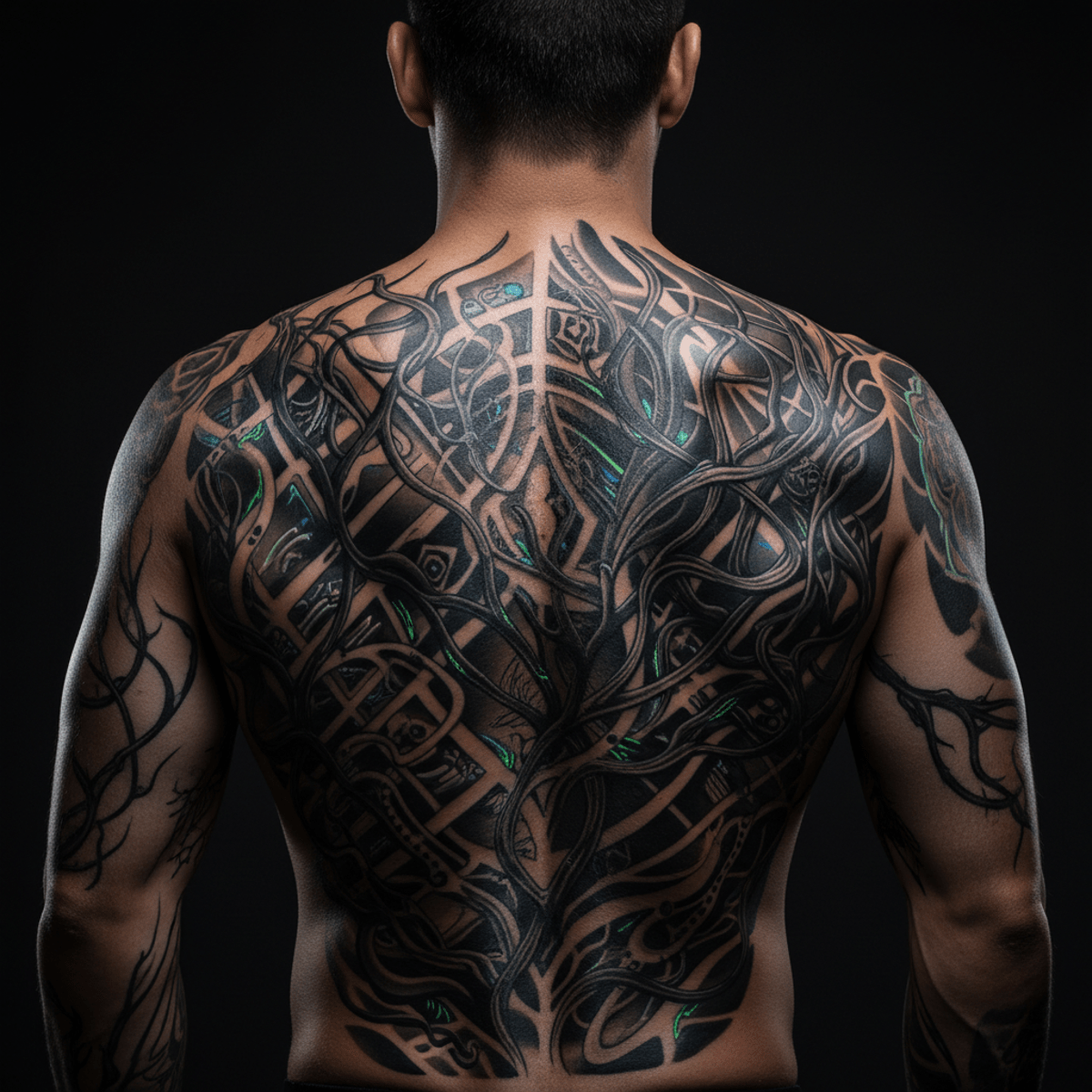 Man's back with complex AI tattoo designs, flowing vines, and bioluminescent abstract formations.