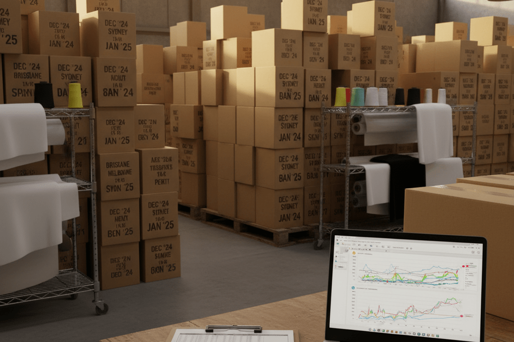 Warehouse scene with stacked boxes and logistics charts for Australian concert tour merchandise distribution