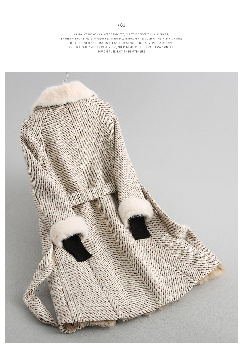 A68247 Women Herringbone wool belt coat mink fur collar lamb fur lining jacket overcoat winter warm coat genuine winter coat