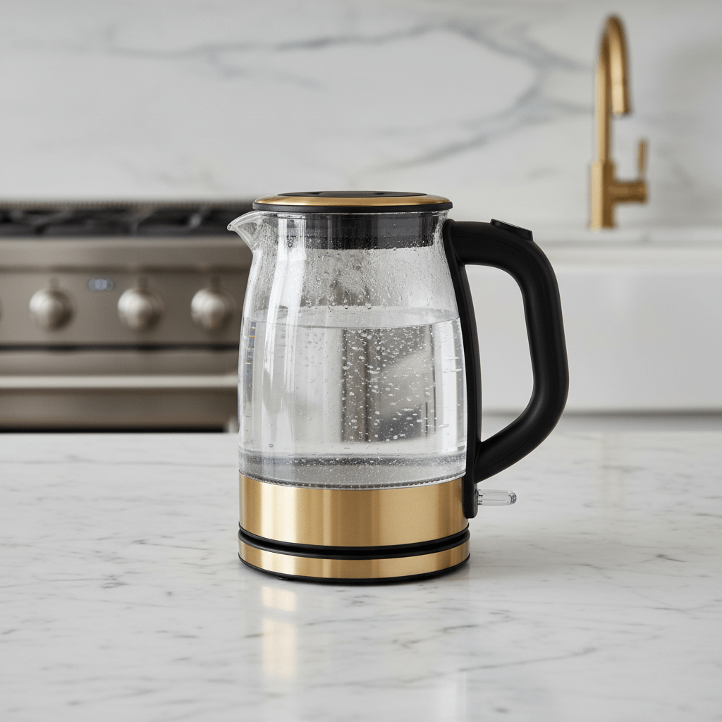 Crystal glass tea kettle with gold accents on a marble countertop.