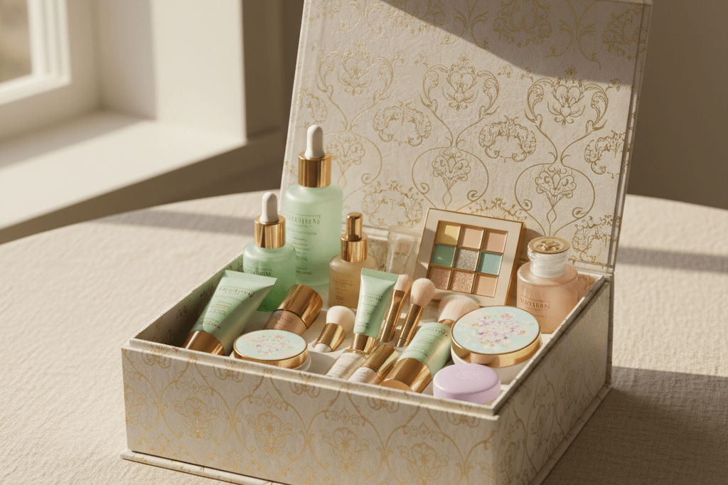Open luxury beauty box filled with assorted premium skincare and makeup items under warm natural light