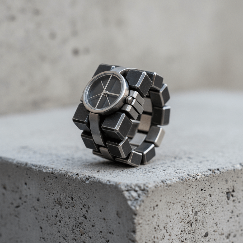Oxidized silver ring watch with abstract geometric cube architecture and brushed metal.