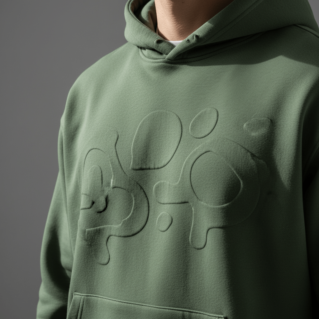 Moss green hoodie with abstract tonal puff-print graphics and subtle 3D texture.