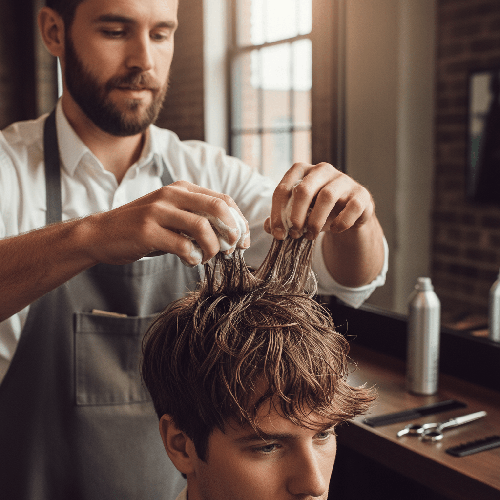 Hairstylist applies mousse to men's shag haircut, enhancing waves and layers.