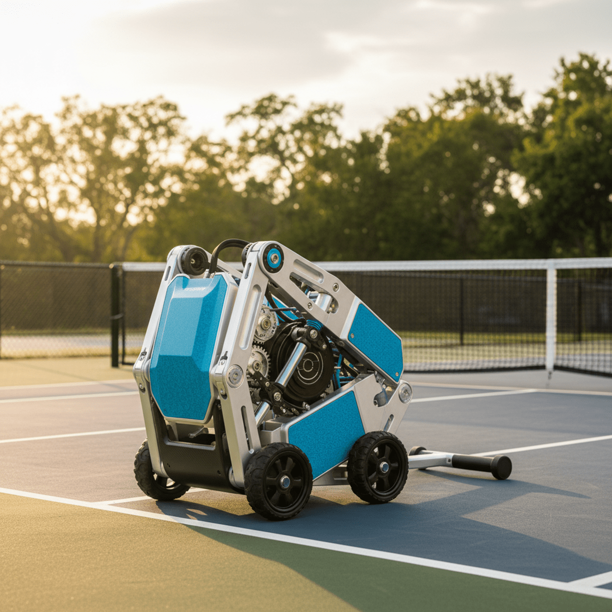 Compact pickleball machine folding for easy transport on an outdoor court.