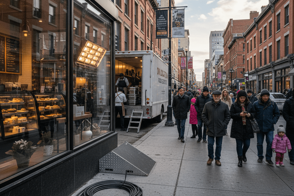 City street reflecting economic impact of film production through subtle hints like cables and catering trucks