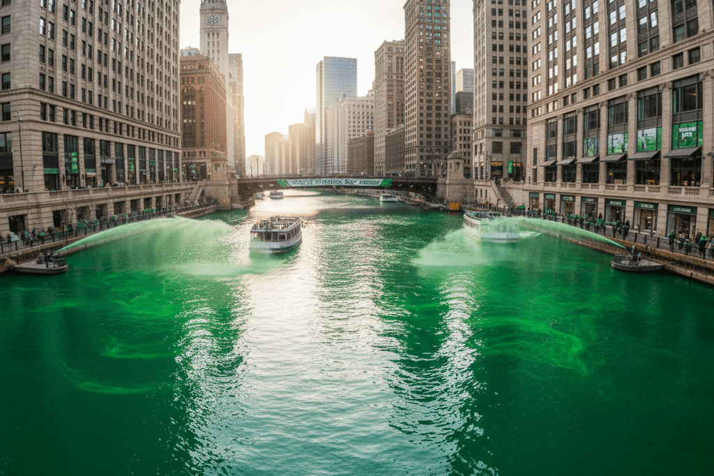 Vibrant green Chicago River during annual dyeing event with architecture tour boats and retail activity along the riverfront