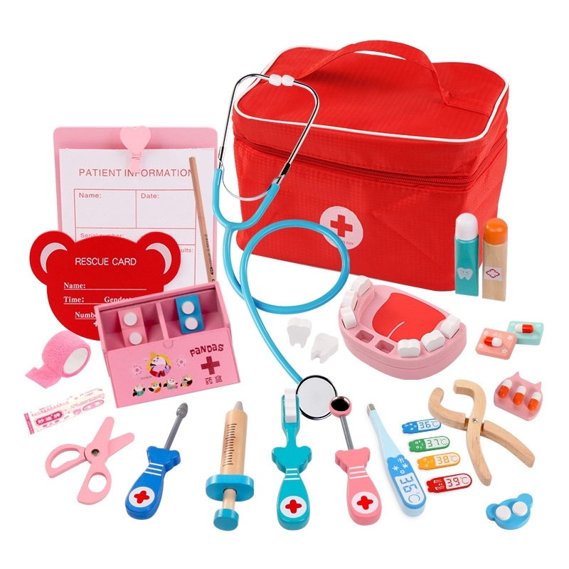 Kids Wooden Doctor Toy Set Simulation Family Doctor Nurse Medical Kit Toy Pretend Play Hospital Medicine Accessory Children Toy