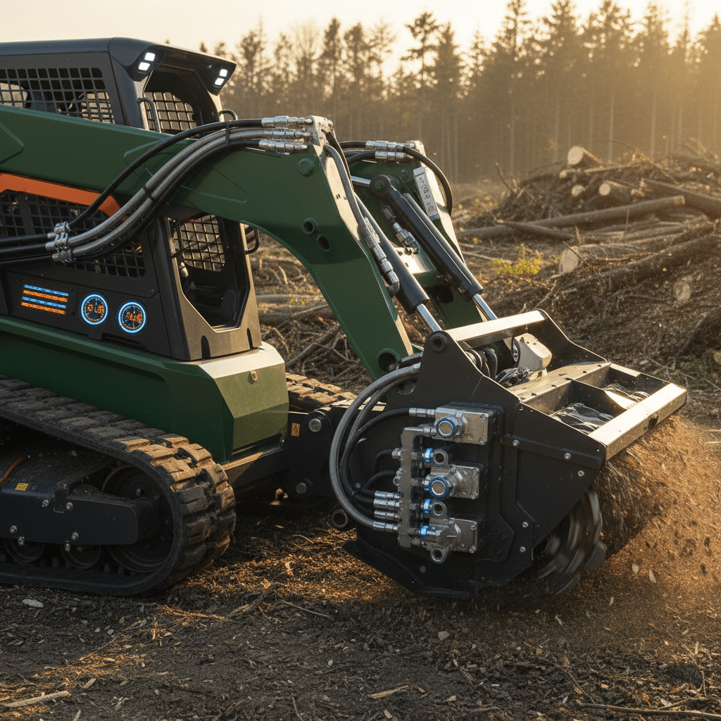 Skid steer with mulcher in forestry clearing, highlighting hydraulic protection architecture.