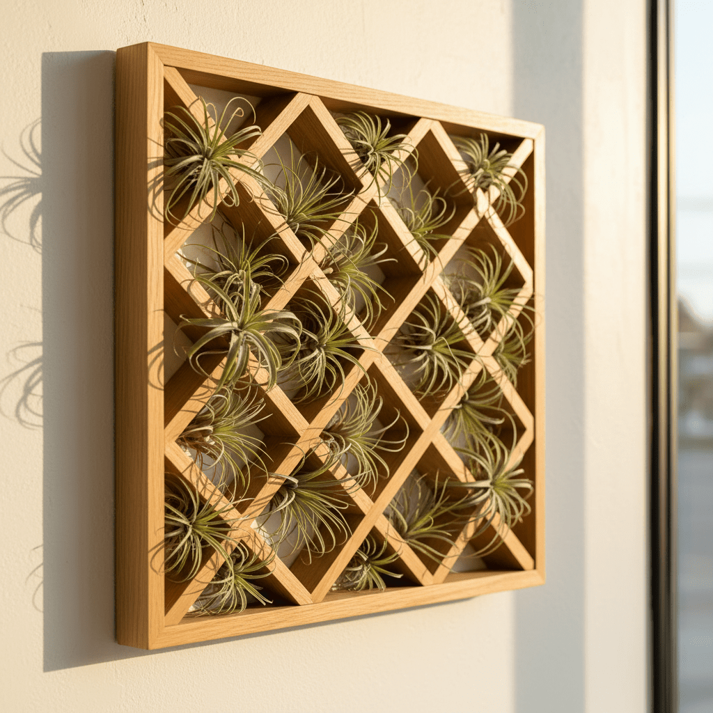 Air plants in a wooden lattice frame, a sustainable home decor piece.