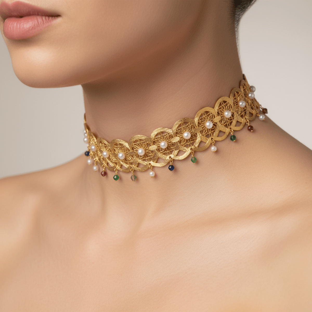 Intricate gold filigree choker with pearls and charms Close-up of a polished gold choker with filigree, pearls, and gemstone charms.