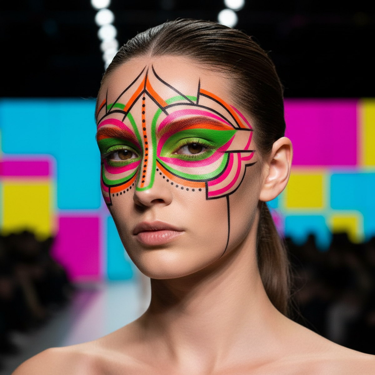 Model with vibrant geometric unibrow makeup and bold architectural shapes.
