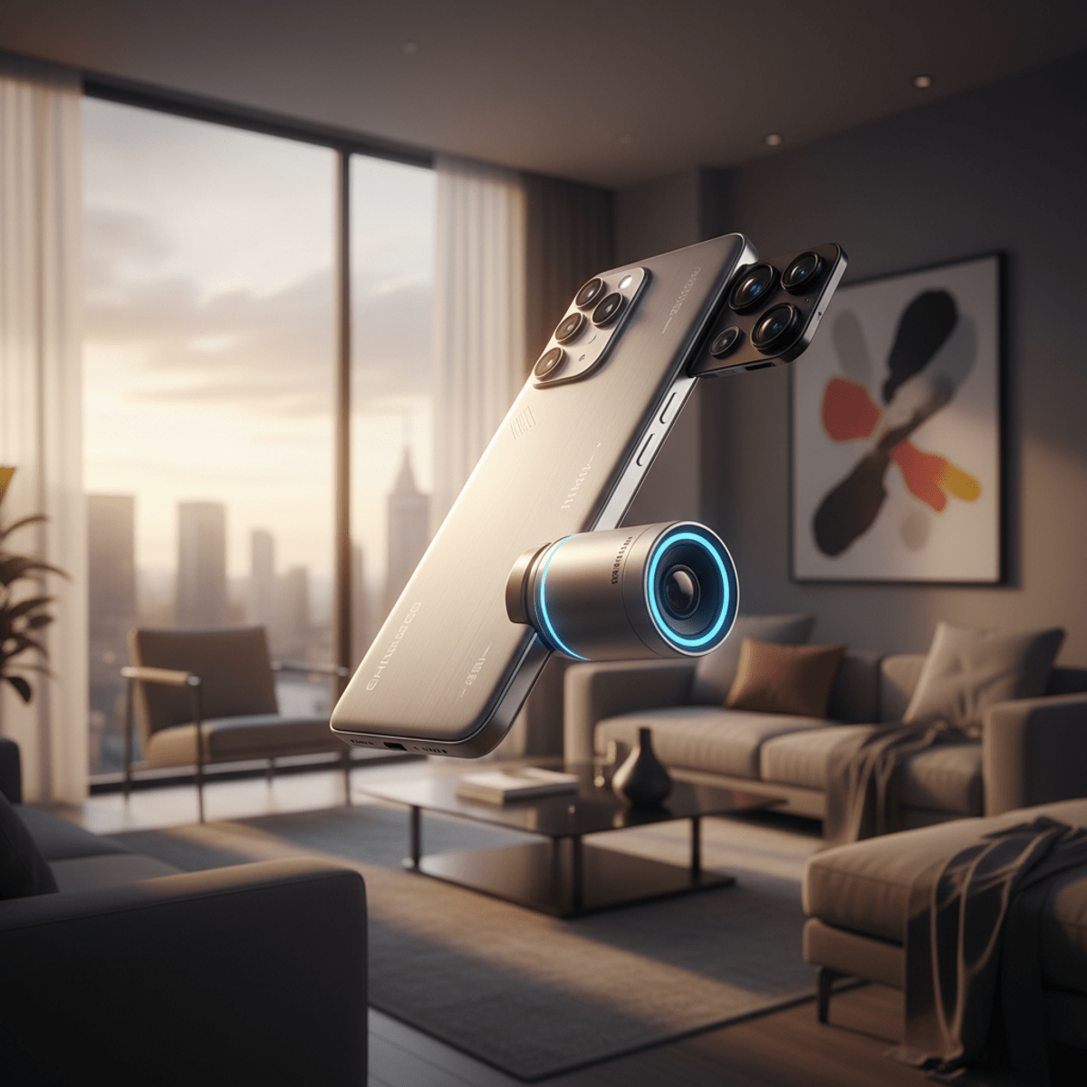 Futuristic phone with magnetic modules in a modern apartment, bathed in golden hour light.