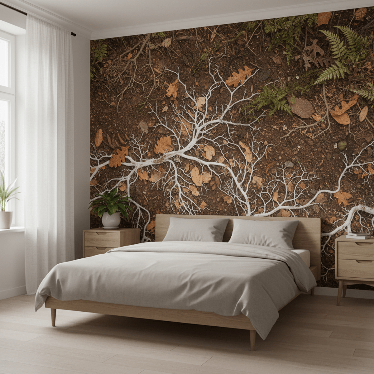 Serene bedroom with hyper-realistic forest floor mycelium wallpaper design. Hyper-realistic mycelium wallpaper in a serene bedroom with soft diffused daylight.
