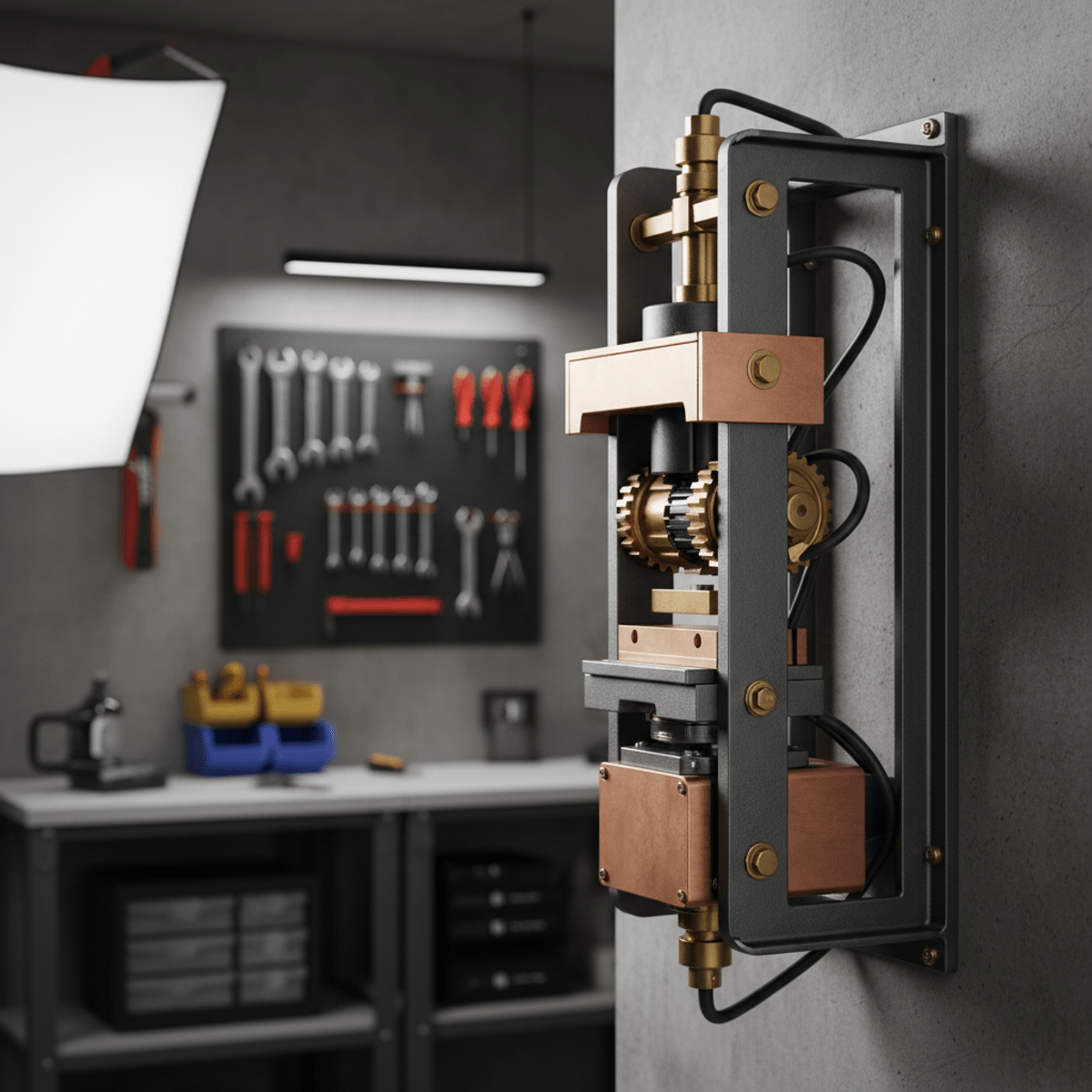 Wall-mounted electric can crusher with rugged steel frame and brass fittings in a workshop.