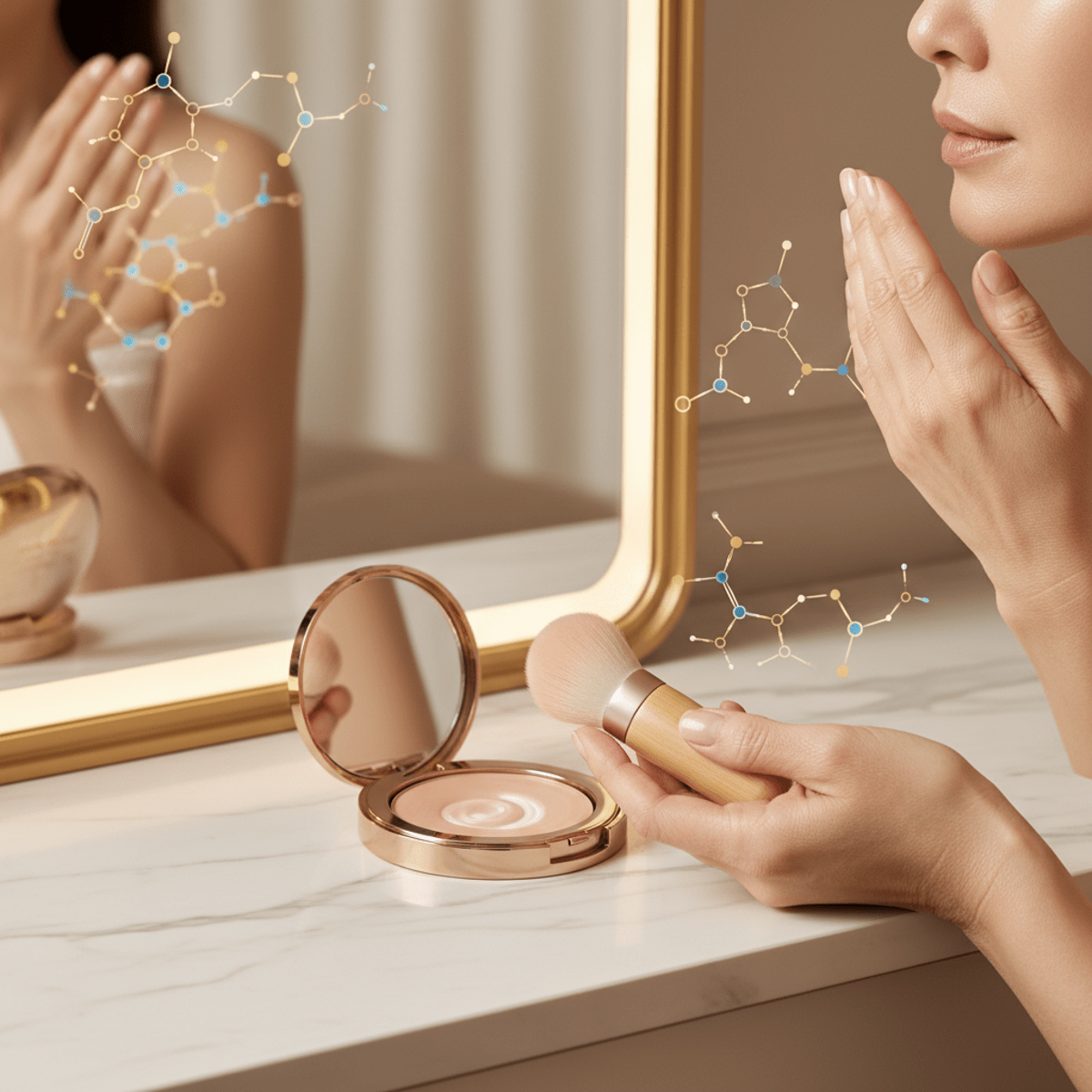 Mature hands applying luminous creamy foundation on firm skin with peptide illustrations.