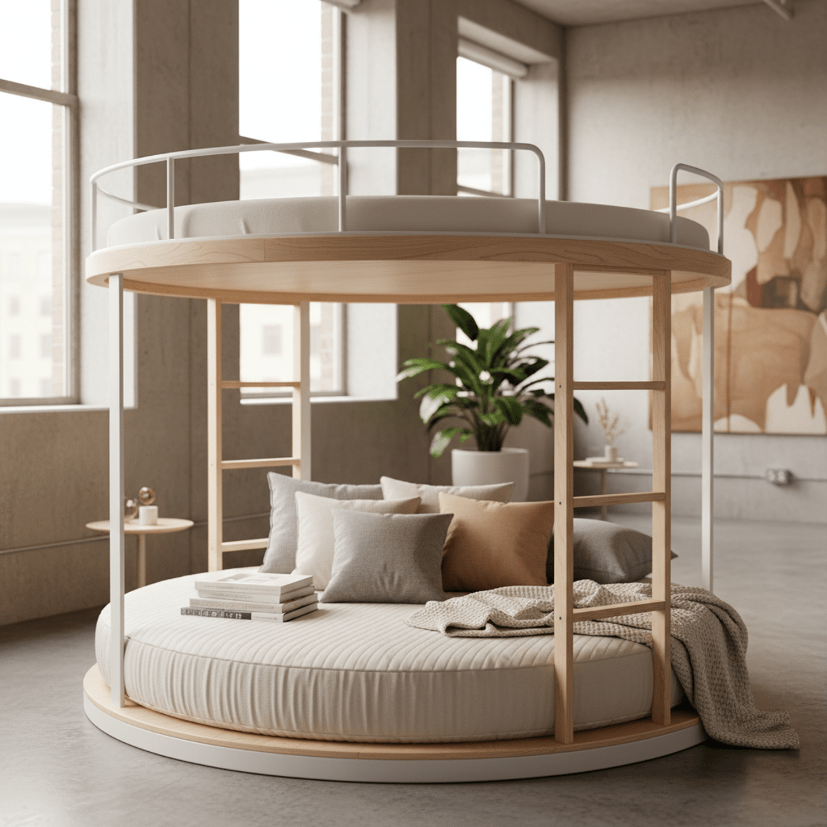 Minimalist circular bunk bed with birch wood in a modern urban loft.