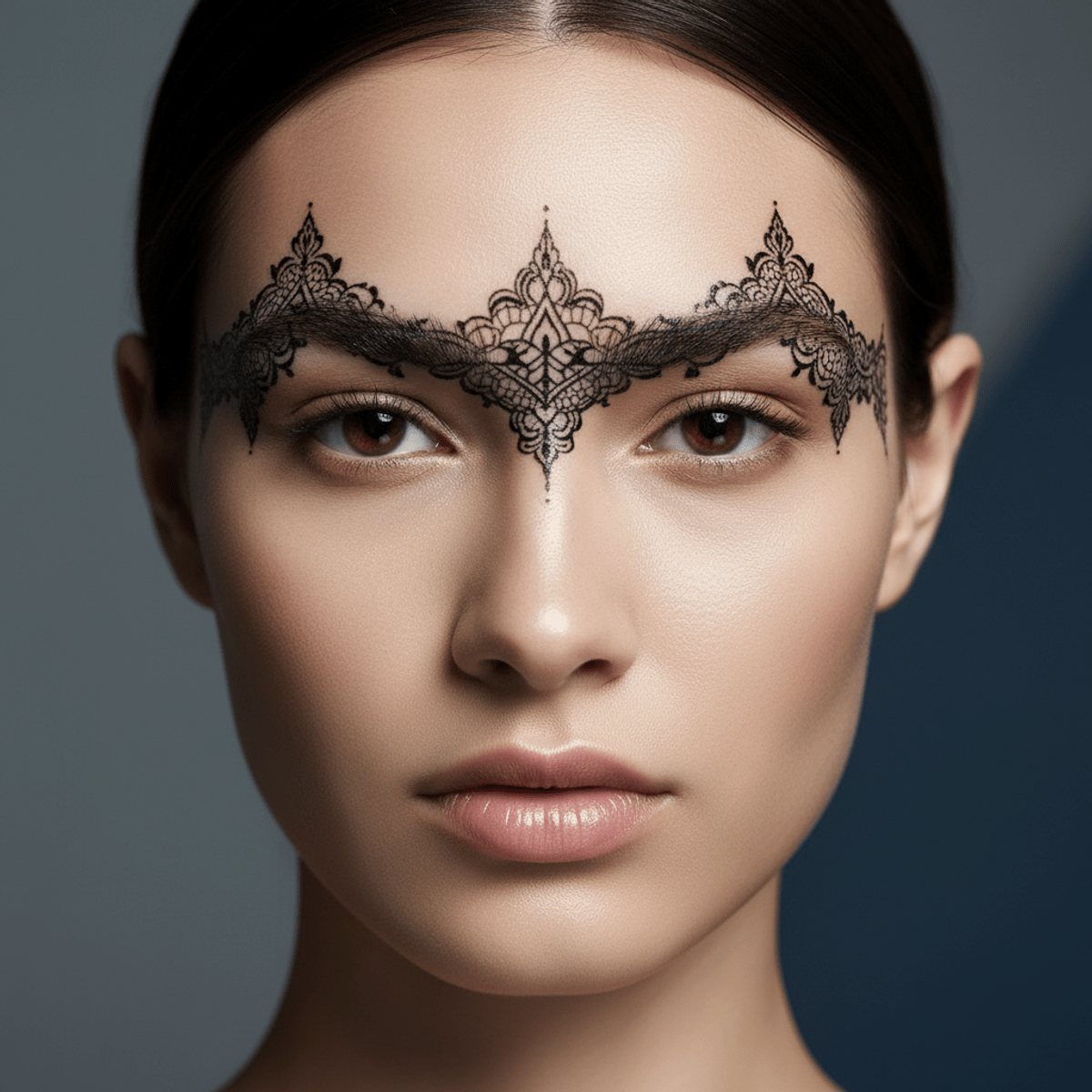 Model with intricate gothic lace unibrow tattoo on smooth skin with soft lighting.