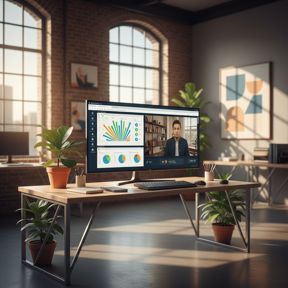 Designer studio desk with ultra-high-resolution TV displaying split-screen multitasking graphics.