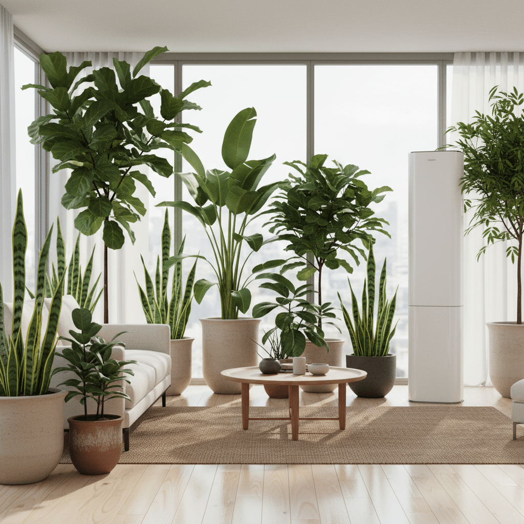 Sleek matte white air conditioner beside lush indoor plants in a modern living room.