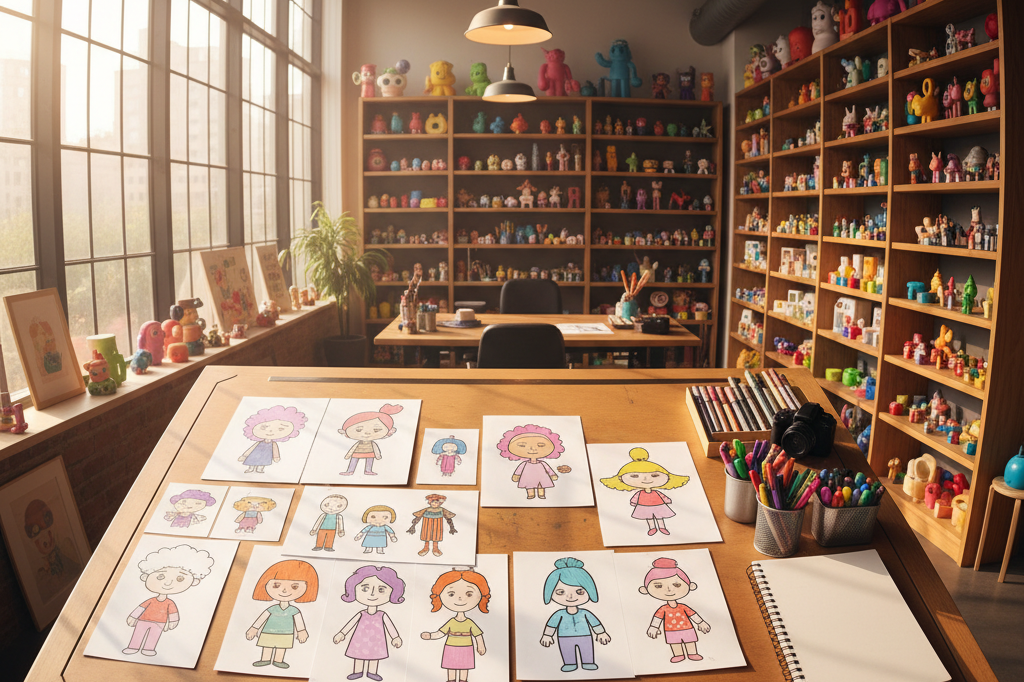 Drafting table with character sketches, art supplies, and toy displays under natural and ambient light, showcasing animation IP integration