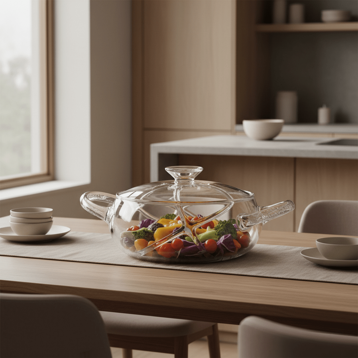 Organically curved glass cooking pot with sculptural handles on a dining table.
