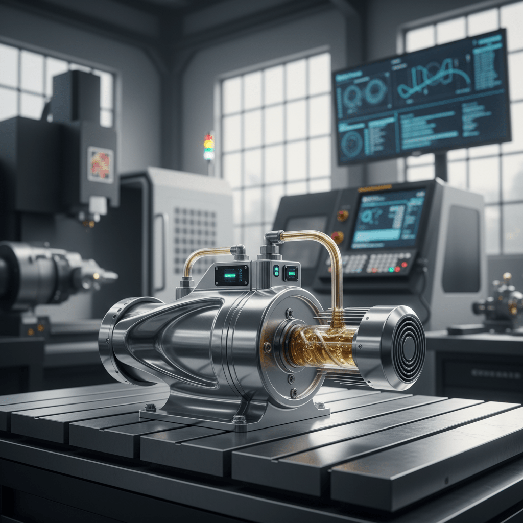 Next-gen electric oil pump with IoT sensors Close-up of a gleaming electric oil pump with IoT sensors and variable speed motor.