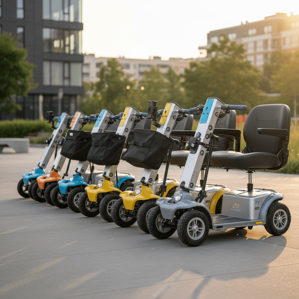Mobility scooters with accessories at sunrise Adult mobility scooters with accessories parked on pavement at sunrise.