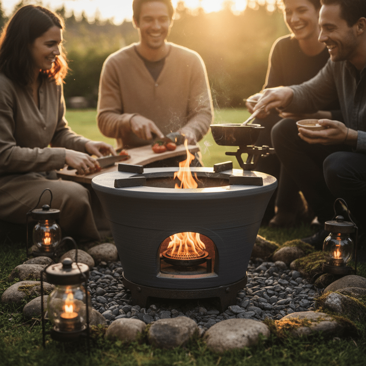 Dark ceramic gas stove with central flame in a garden, surrounded by moss stones.