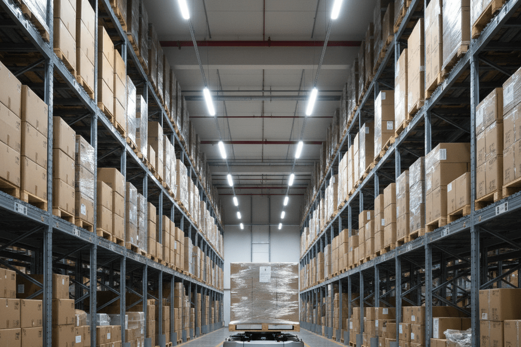 Interior of a logistics warehouse with organized racks and an automated guided vehicle under ambient LED lighting, symbolizing adaptability to energy costs