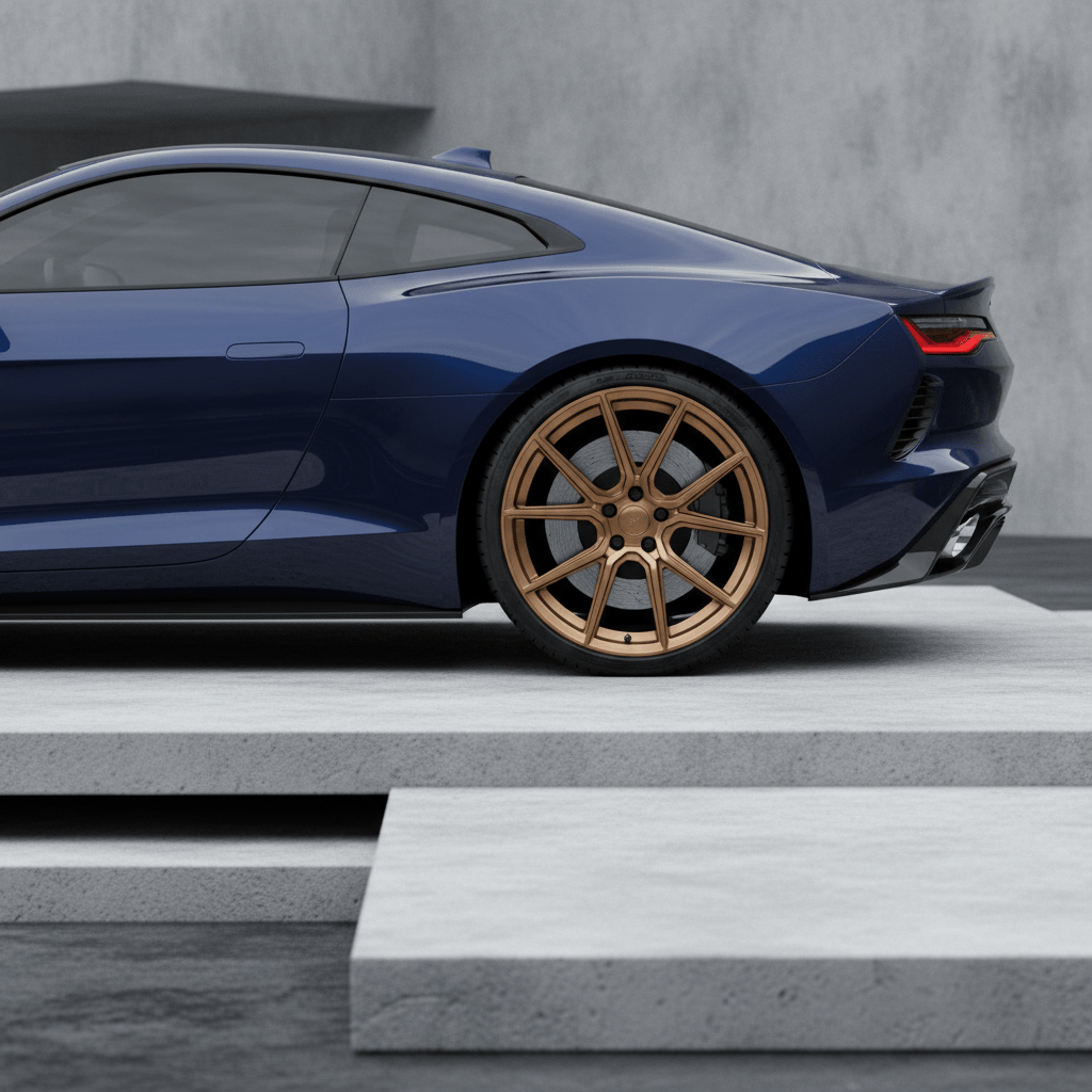 Sleek sports coupe with satin bronze multi-spoke wheels on concrete platform.