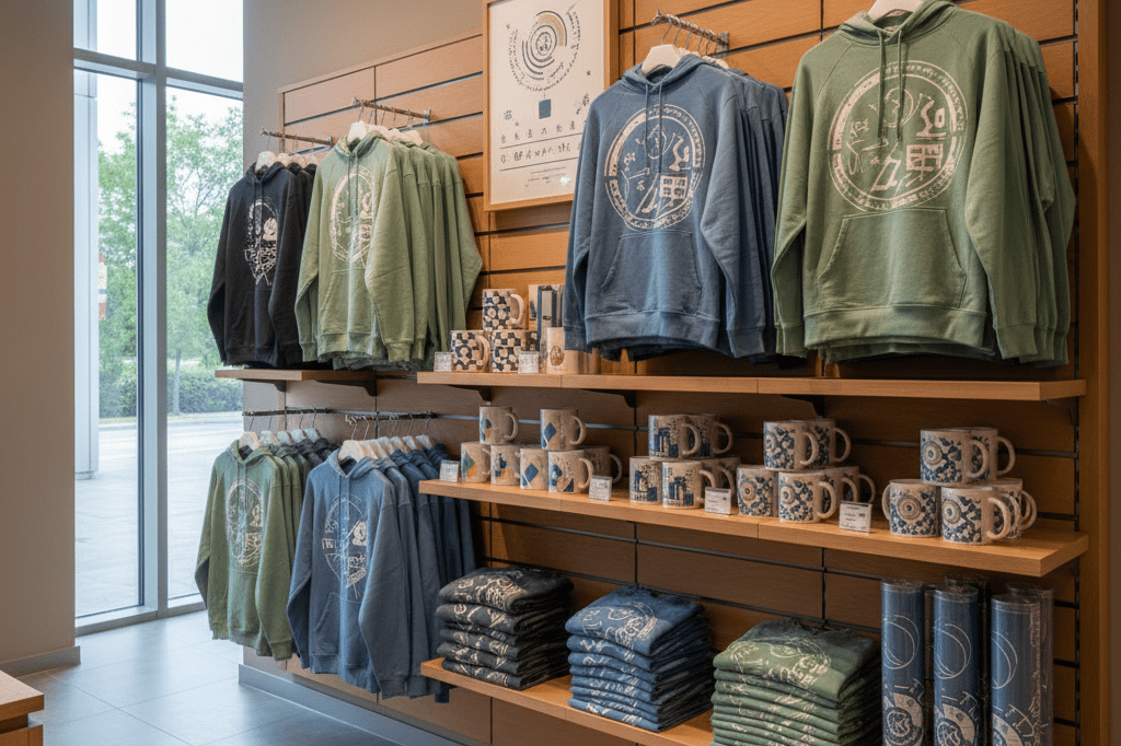 Abstractly designed entertainment merchandise displayed under warm natural and ambient lighting, evoking emotional connections to stories