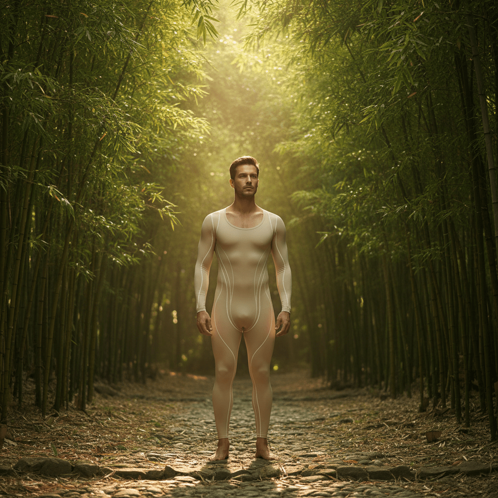 Man in bamboo forest wears sleek, form-fitting bamboo-viscose shaper.