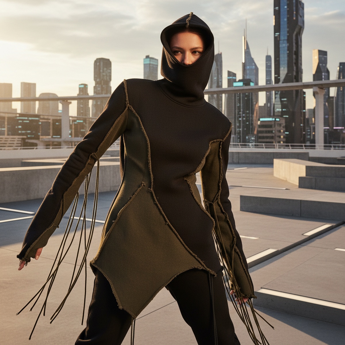 Model in conceptual distressed balaclava-hoodie with architectural curves on rooftop.