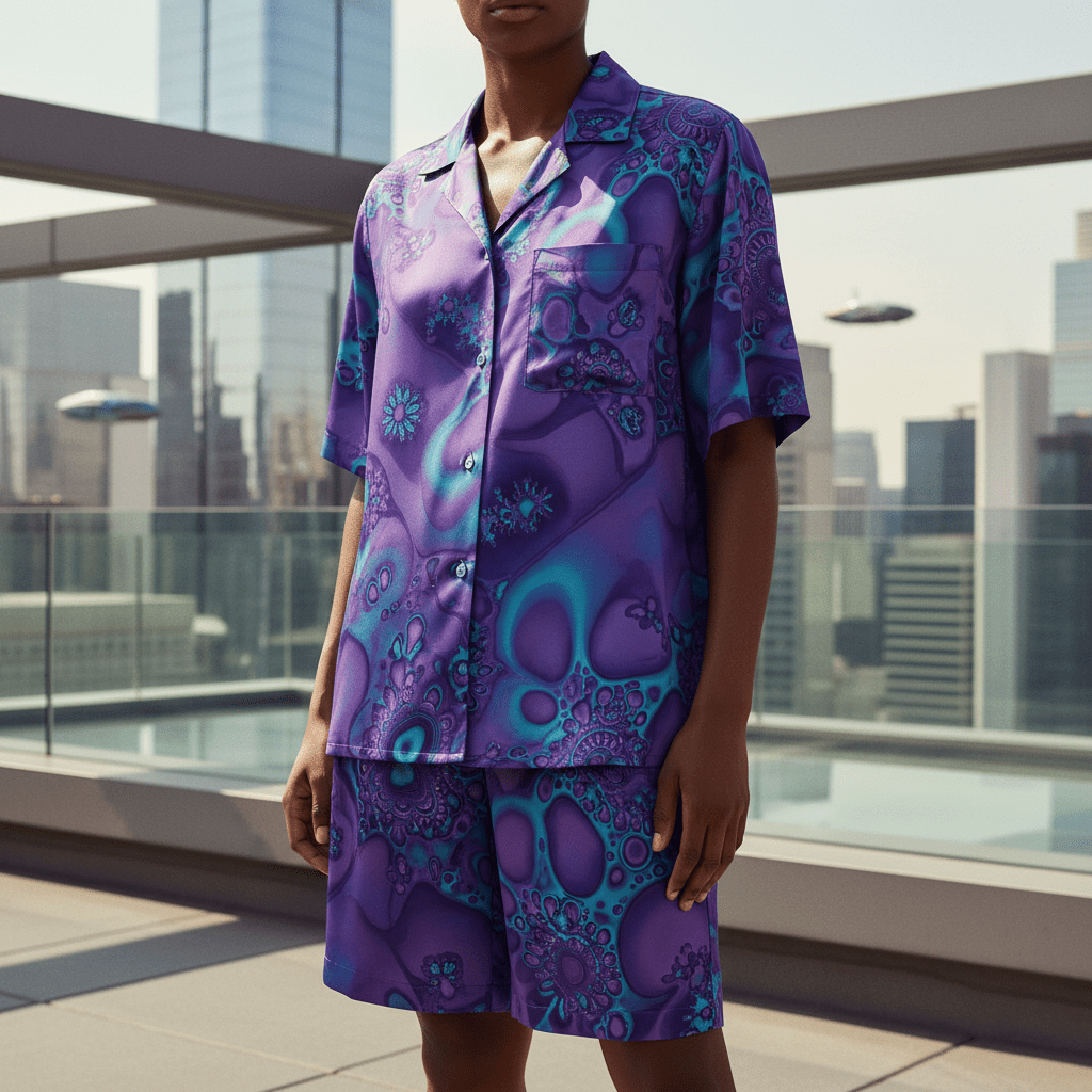 Silky co-ord set with surreal patterns on a futuristic rooftop.
