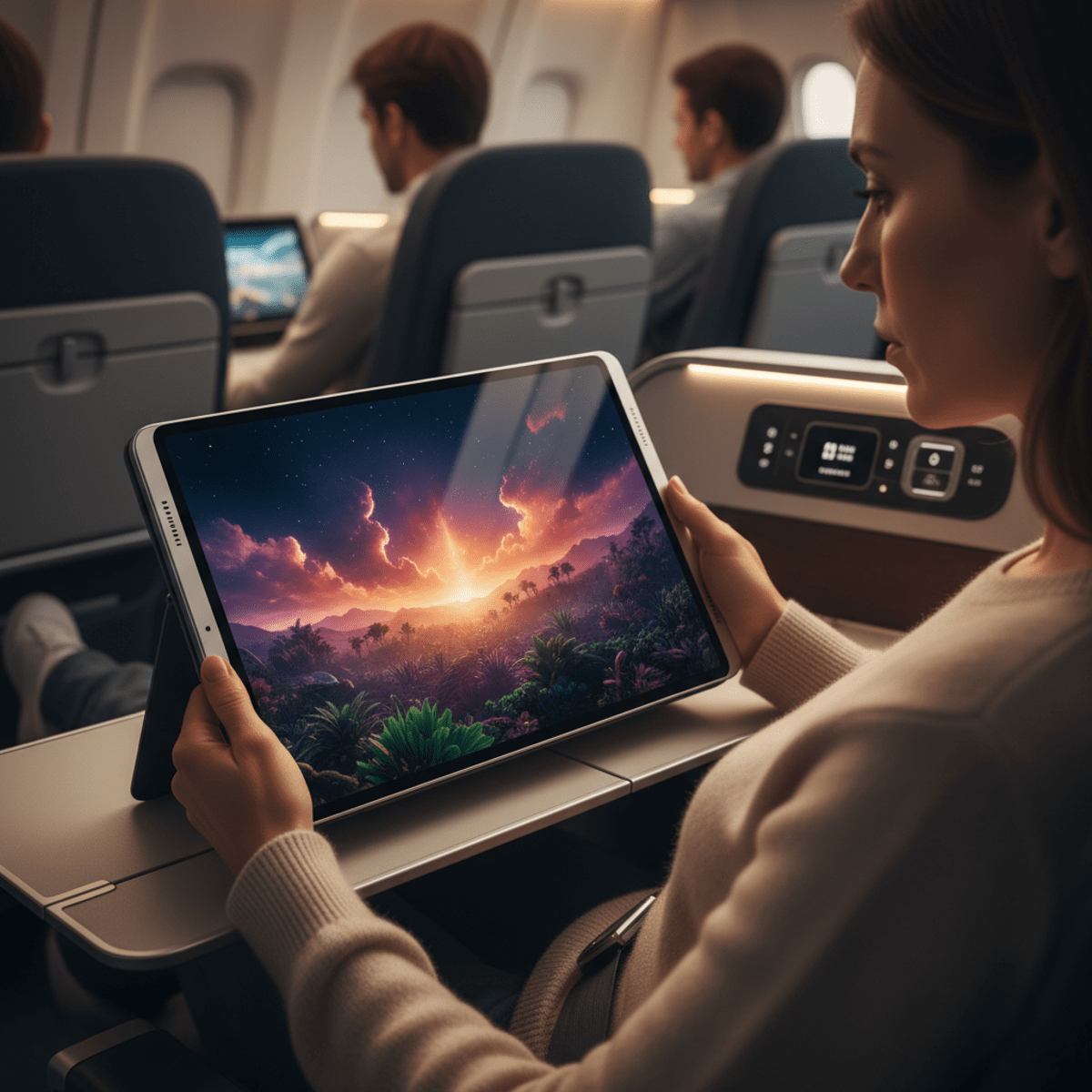 Passenger in 2026 airline cabin uses large 4K HDR tablet with quad speakers.