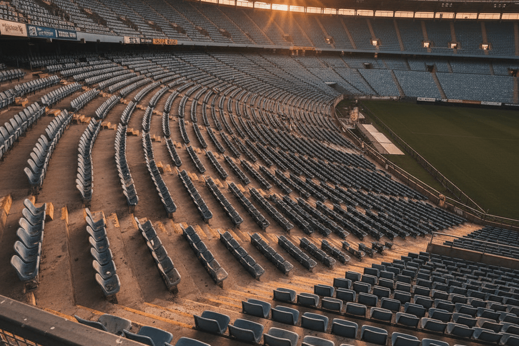 Wide shot of vacant concert stadium with tiered seating bathed in warm ambient light, symbolizing sold-out regional success