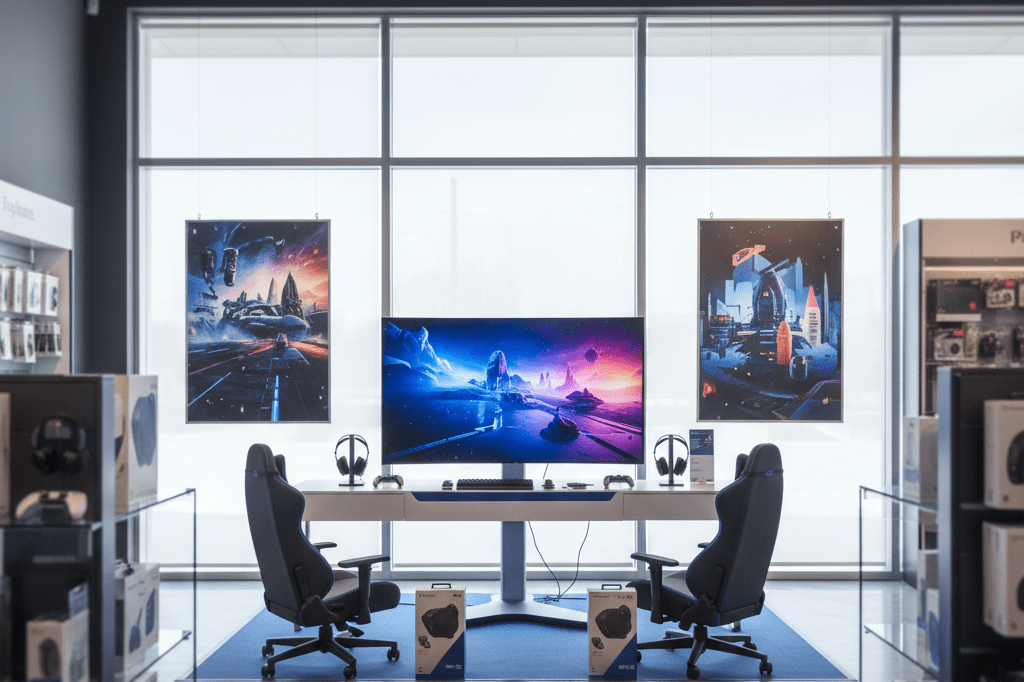 Wide shot of a stylish gaming retail space highlighting a PS5 demo zone with accessories and abstract visuals under warm ambient lighting