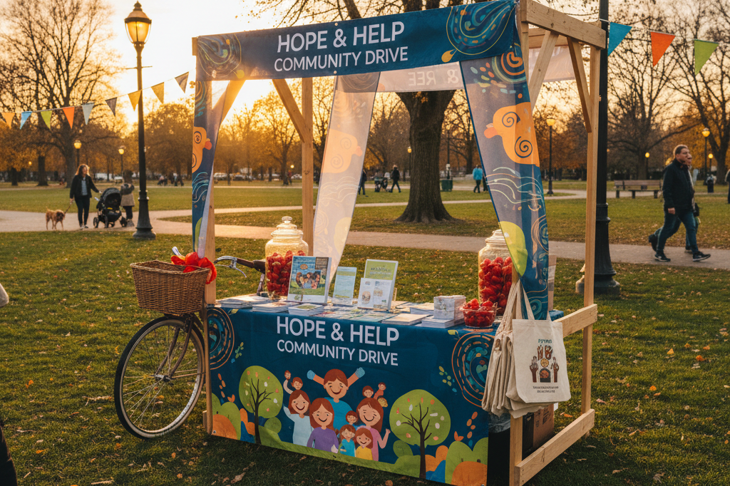 Decorated charity booth with banners and merchandise under natural light, evoking community support