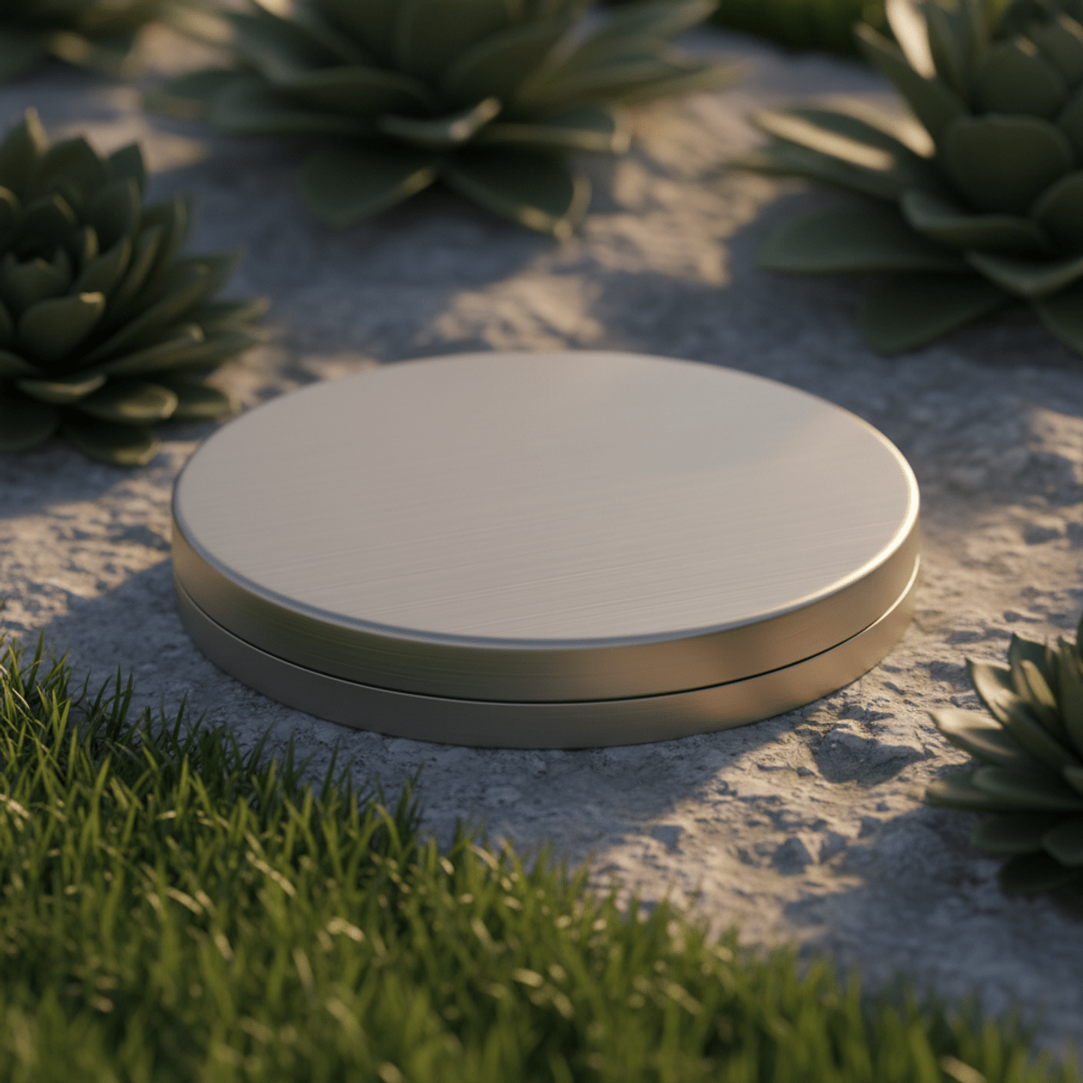 Sleek ultrasonic cat repellent puck with brushed metallic finish, nestled in gravel.