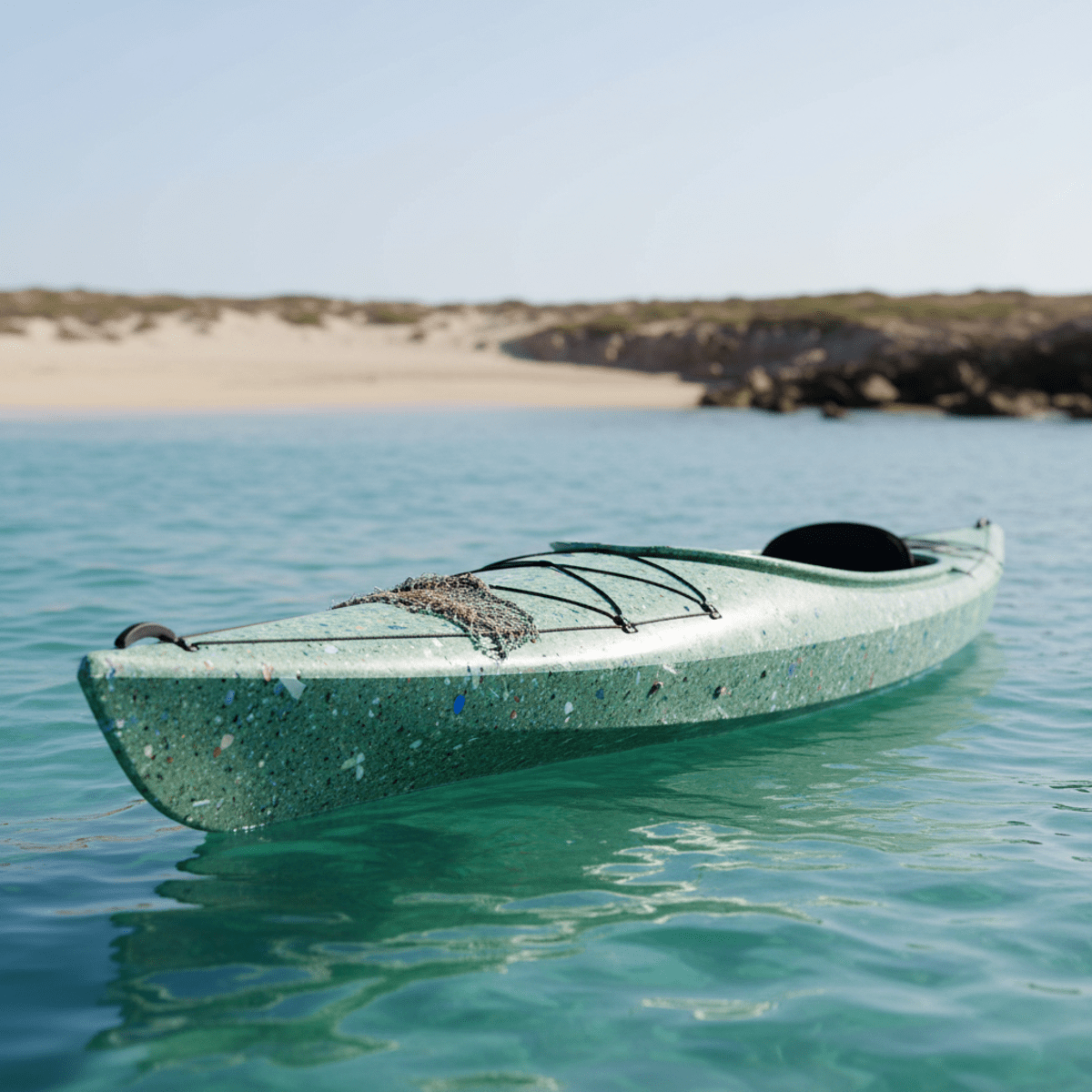 Sleek portable kayak made from ocean plastics on a calm turquoise bay.