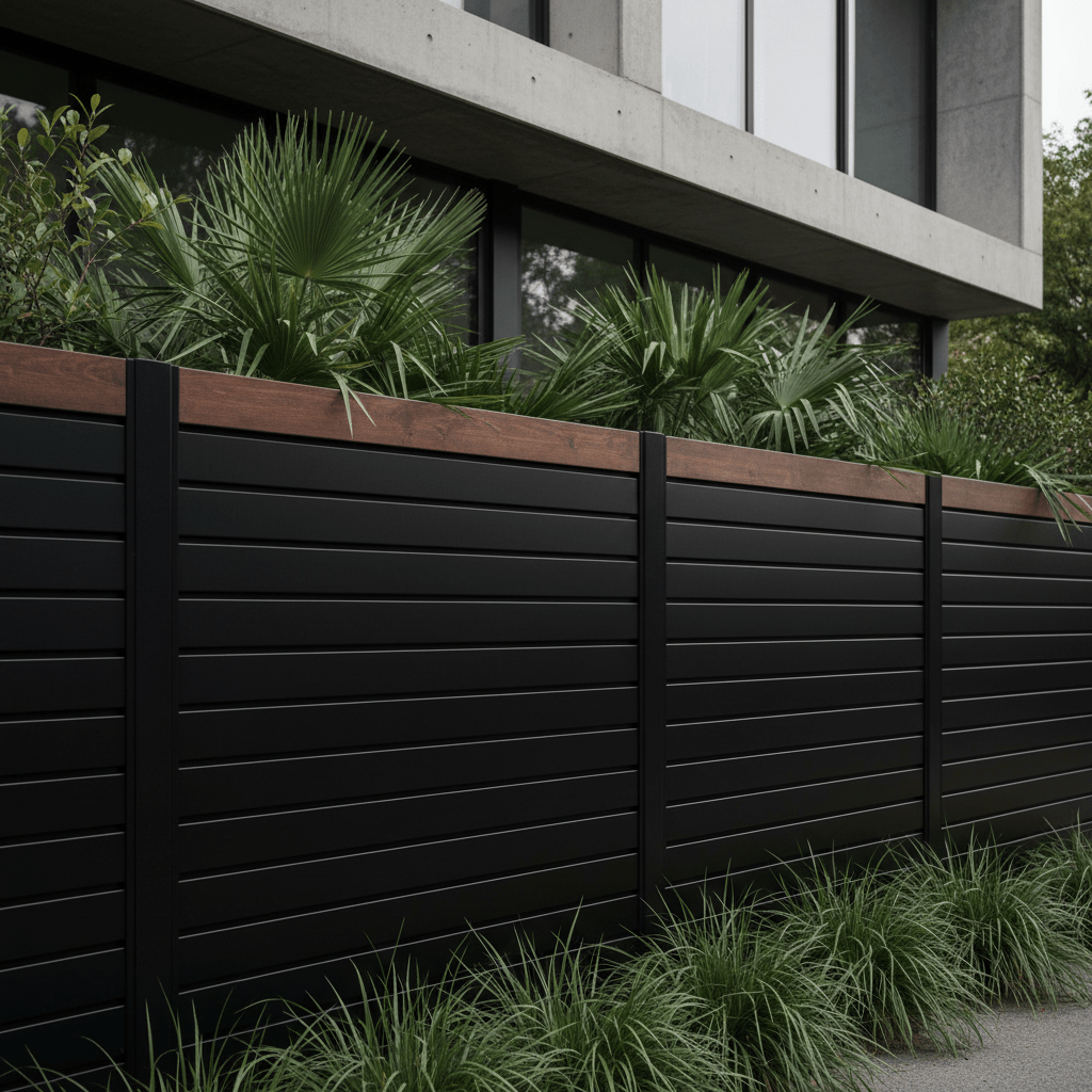 Matte black corrugated metal fence panels with dark timber framing and lush greenery.