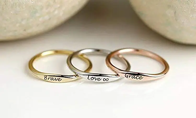 Fashion Design Diy Couple Letter Stainless Steel Stacking Personalized Custom Name Engraved Tiny Dainty Midi Bar Wedding Ring