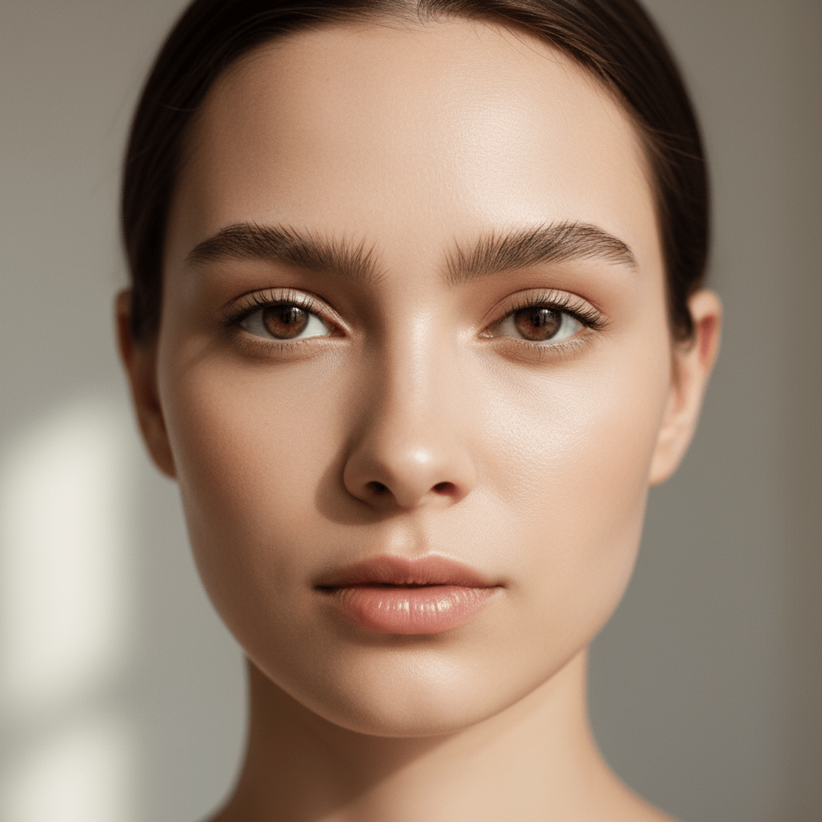 Close-up portrait of a model with a subtle, feathered unibrow created with delicate hair-like strokes.