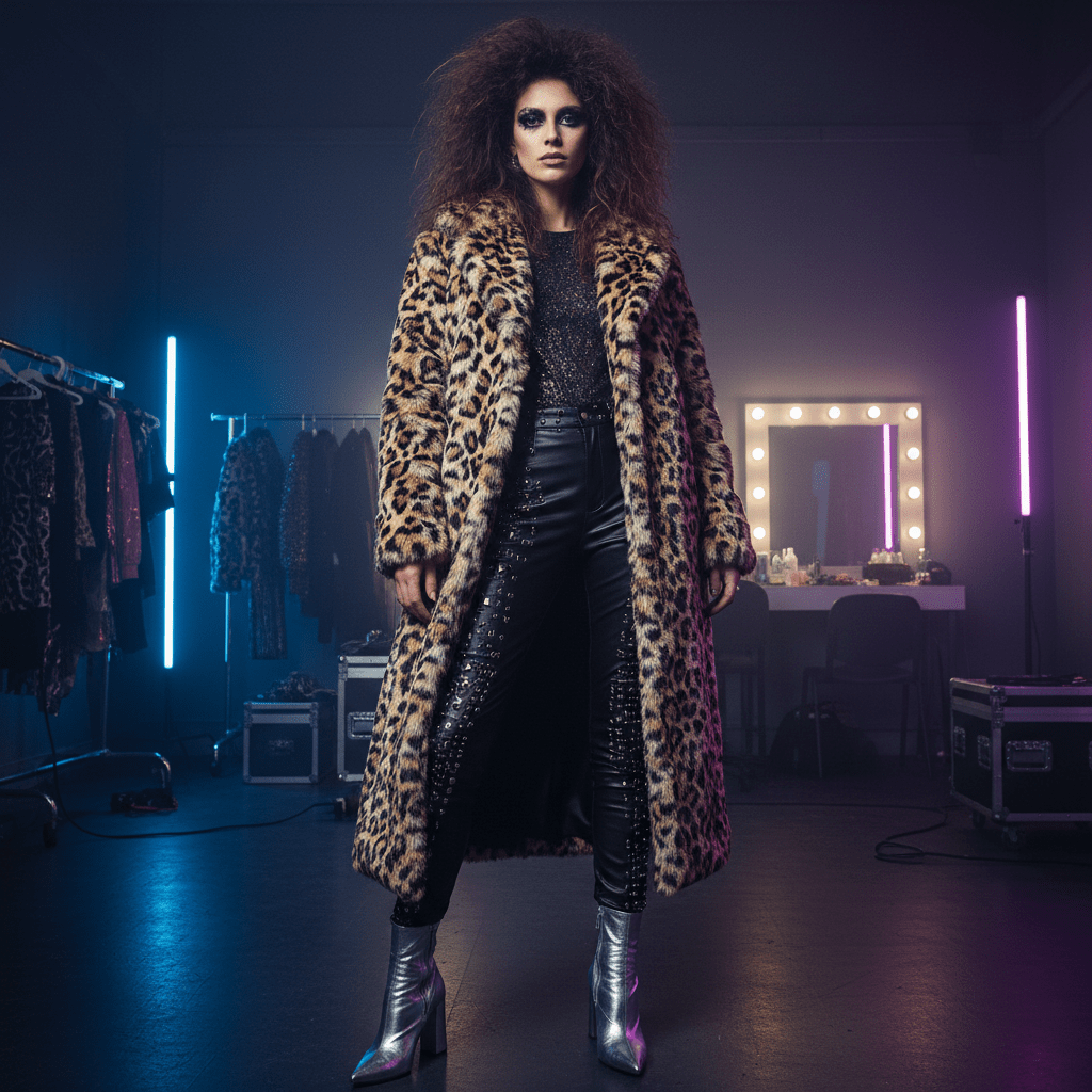 Bold leopard print faux fur coat with leather pants and metallic boots, 80s rock style.