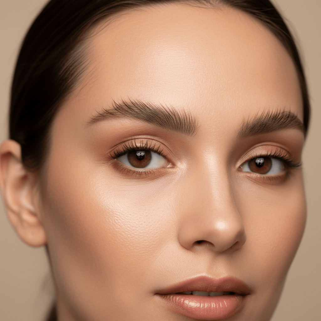 Close-up of a woman's face with softly straightened, feathered eyebrows and minimal makeup.