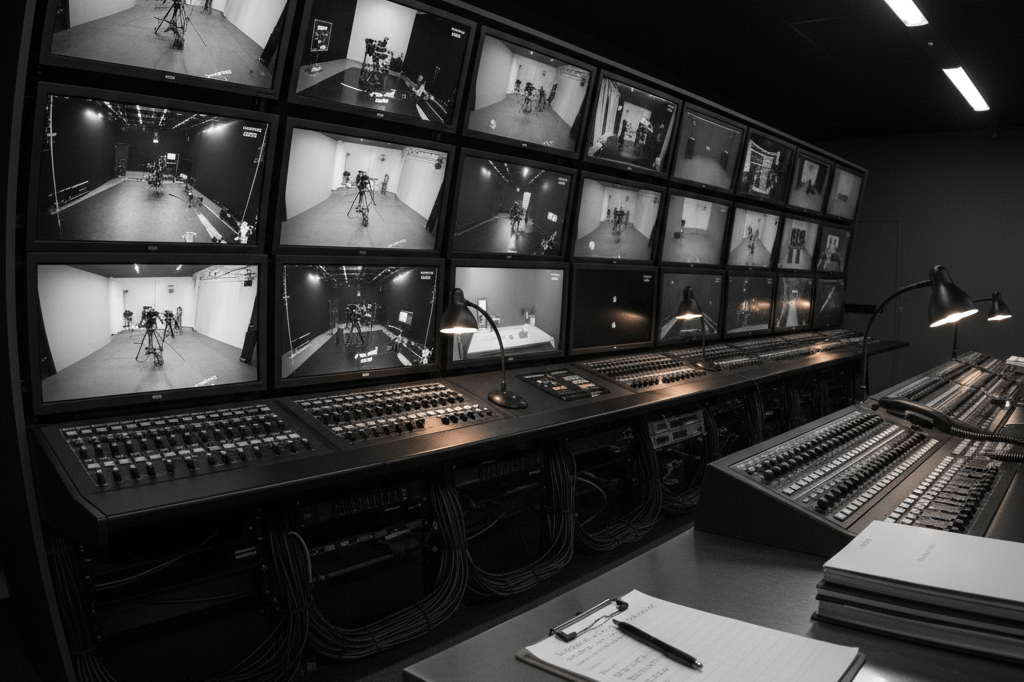 Dimly lit control room featuring surveillance monitors, switchboards, and technical equipment under ambient indoor lighting
