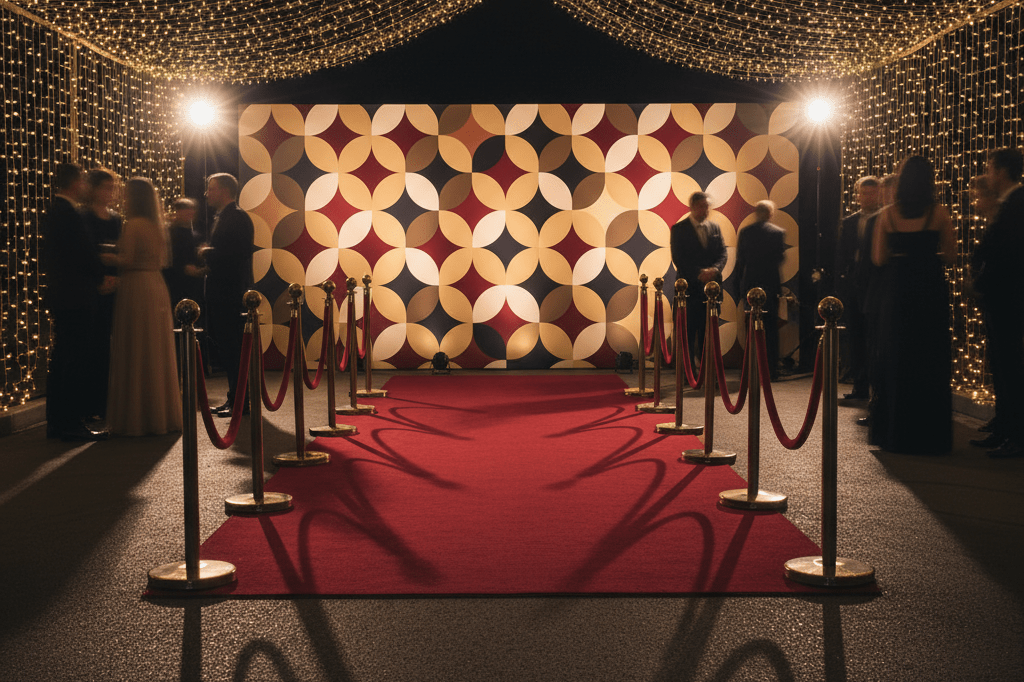 Elegant red carpet setup with abstract backdrop under ambient lighting, symbolizing premium event marketing opportunities