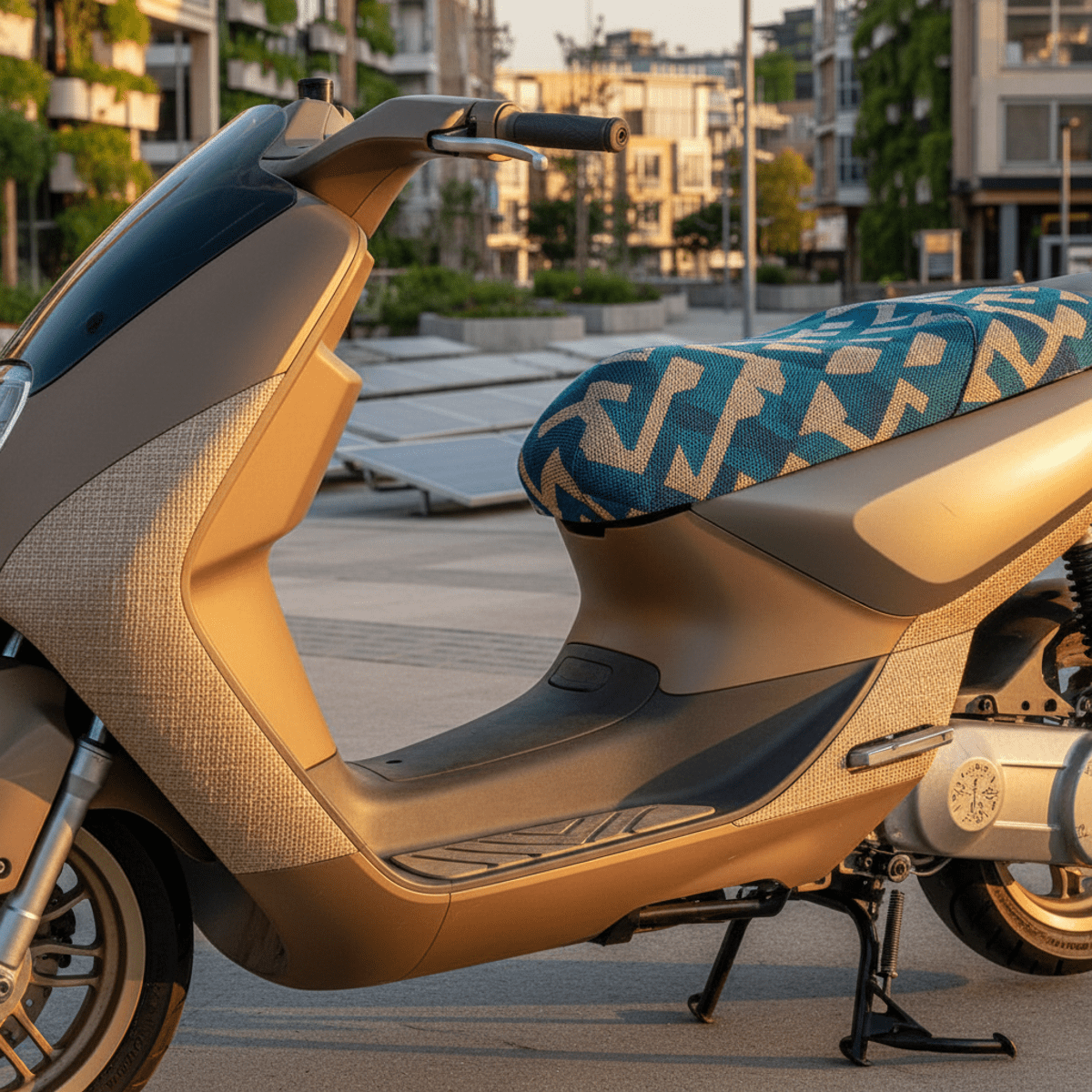 Close-up of a futuristic scooter showcasing sustainable materials and eco-friendly design.